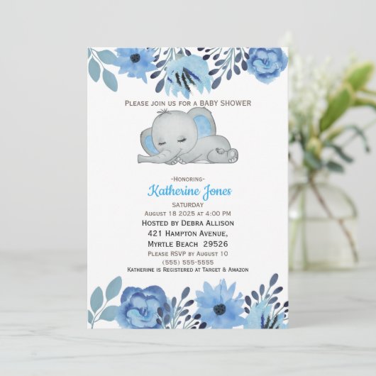 Cute Blue Floral Slapend Elephant Baby shower Kaart (Staand voorkant)