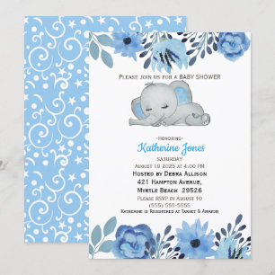 Cute Blue Floral Slapend Elephant Baby shower Kaart