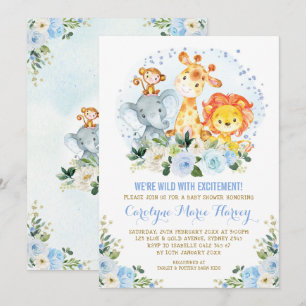Cute Blue Flowers Oerwoud Safari Boy Baby shower Kaart