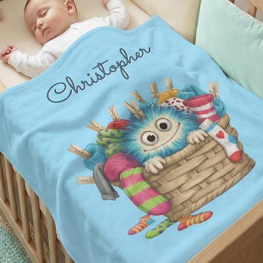 Cute Blue Fluffy Sock Monster Kids Design Fleece Deken