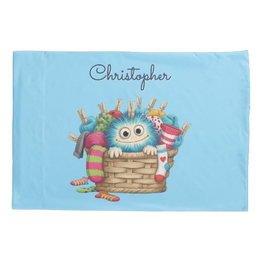 Cute Blue Fluffy Sock Monster Kids Design Kussensloop (Achterkant)