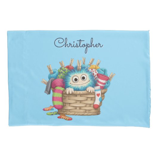 Cute Blue Fluffy Sock Monster Kids Design Kussensloop (Voorkant)