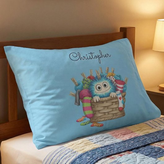 Cute Blue Fluffy Sock Monster Kids Design Kussensloop