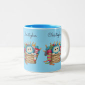 Cute Blue Fluffy Sock Monster Kids Design Tweekleurige Koffiemok (Voorkant rechts)