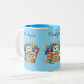 Cute Blue Fluffy Sock Monster Kids Design Tweekleurige Koffiemok (Voorkant links)