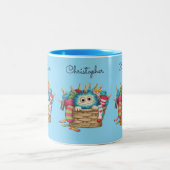 Cute Blue Fluffy Sock Monster Kids Design Tweekleurige Koffiemok (Center)