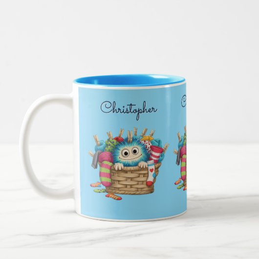 Cute Blue Fluffy Sock Monster Kids Design Tweekleurige Koffiemok (Links)