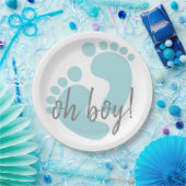 Cute Blue Footprint Baby shower Papieren Bordje (Feest)