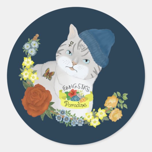 Cute Blue Gangster Kitty Cat Cartoon Illustratie Ronde Sticker (Voorkant)