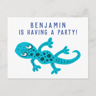Cute Blue Gecko Lizard Birthday Party Uitnodiging Briefkaart