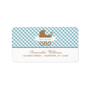 Cute Blue Gingham Pattern and Baby Carriage Etiket
