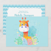 Cute Blue Giraffe Baby shower Invitation Kaart (Voorkant / Achterkant)