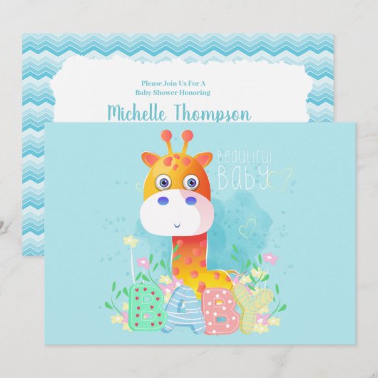 Cute Blue Giraffe Baby shower Invitation Kaart (Voorkant / Achterkant)
