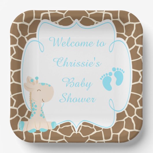 Cute Blue Giraffe Baby shower Papieren Bordje (Voorkant)