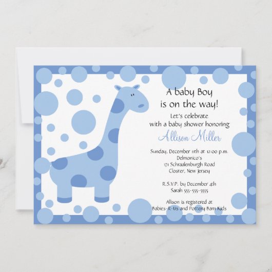 Cute Blue Giraffe Boy Baby shower Invitation Kaart (Voorkant)