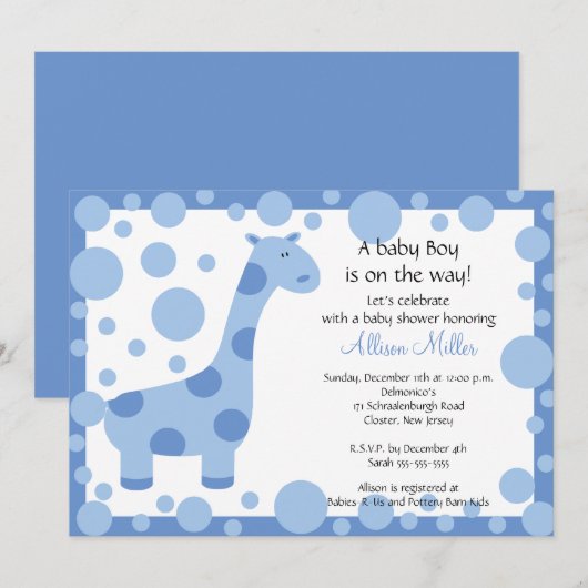 Cute Blue Giraffe Boy Baby shower Invitation Kaart (Voorkant / Achterkant)