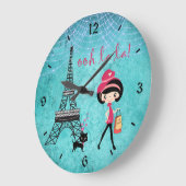 Cute Blue Girl, Cat and Eiffel Tower Paris Clock Grote Klok (Hoek)