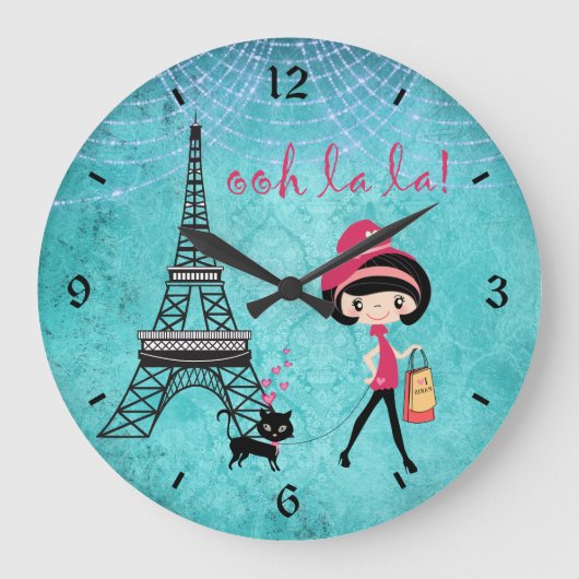 Cute Blue Girl, Cat and Eiffel Tower Paris Clock Grote Klok (Voorkant)