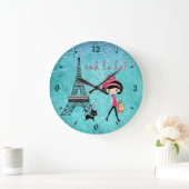 Cute Blue Girl, Cat and Eiffel Tower Paris Clock Grote Klok (Huis)