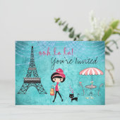 Cute Blue Girl en Cat Paris Birthday Invitation Kaart (Staand voorkant)