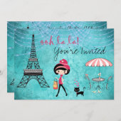 Cute Blue Girl en Cat Paris Birthday Invitation Kaart (Voorkant / Achterkant)