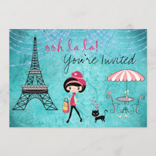 Cute Blue Girl en Cat Paris Birthday Invitation Kaart