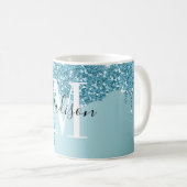 Cute blue glitter monogram koffie mok (Voorkant rechts)