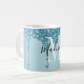 Cute blue glitter monogram koffie mok (Voorkant links)