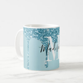 Cute blue glitter monogram koffie mok