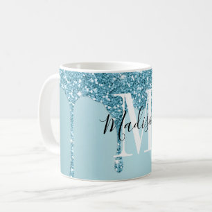 Cute blue glitter monogram koffie mok