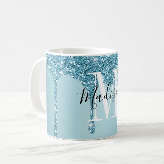 Cute blue glitter monogram koffie mok (Voorkant links)