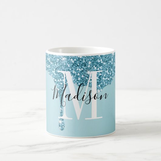Cute blue glitter monogram koffie mok (Center)