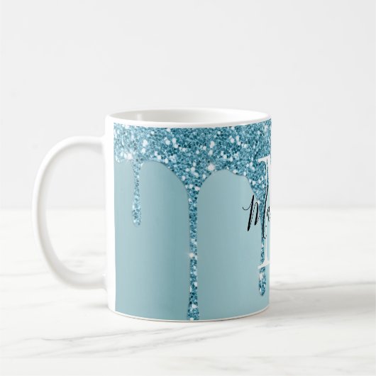 Cute blue glitter monogram koffie mok (Links)