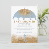 Cute Blue Glitter Umbrella Baby shower Kaart (Staand voorkant)