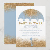 Cute Blue Glitter Umbrella Baby shower Kaart (Voorkant / Achterkant)