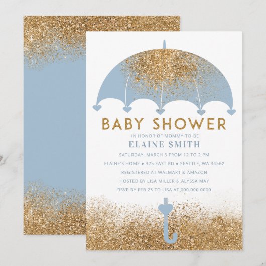 Cute Blue Glitter Umbrella Baby shower Kaart (Voorkant / Achterkant)