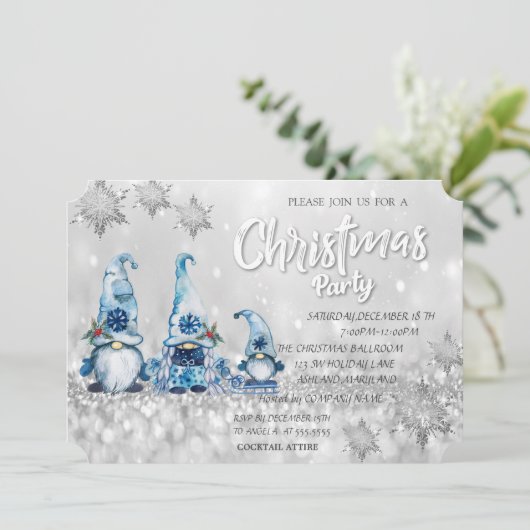 Cute Blue Gnomes Bokeh Corporate Kerstparty Kaart (Staand voorkant)