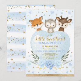 Cute Blue Gold Woodland Sweeite 1e verjaardag Kaart