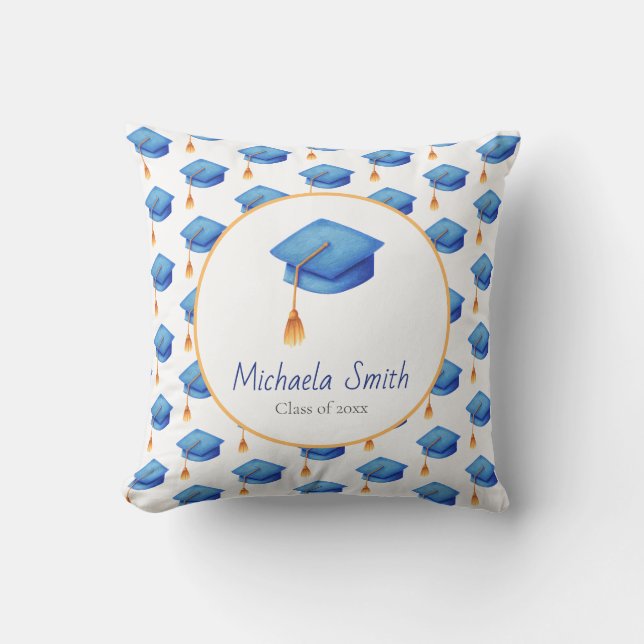 Cute Blue Graduation Cap Personalized Afstuderen Kussen (Voorkant)