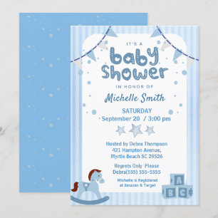 Cute Blue Graphic Boys Baby shower Invitation Kaart