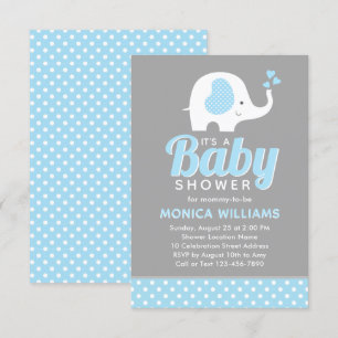 Cute Blue Gray Boy Baby shower Invitation Elephant Kaart