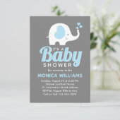 Cute Blue Gray Boy Elephant Baby shower Invitation Kaart (Staand voorkant)