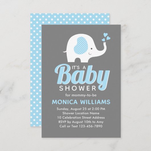 Cute Blue Gray Boy Elephant Baby shower Invitation Kaart (Voorkant / Achterkant)