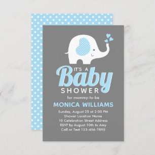 Cute Blue Gray Boy Elephant Baby shower Invitation Kaart