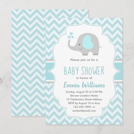 Cute Blue Gray Elephant Boy Baby shower Kaart (Voorkant / Achterkant)