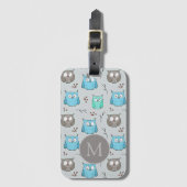 Cute Blue Gray Owl Pattern Monogram Bagagelabel (Voorkant (verticaal))