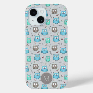 Cute Blue Gray Owl Pattern Monogram iPhone 15 Case