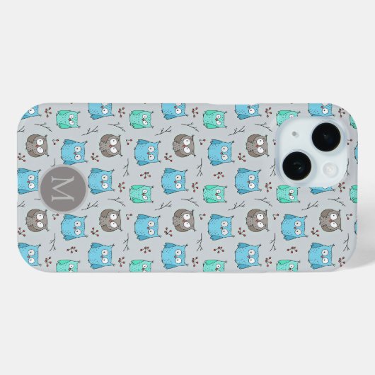 Cute Blue Gray Owl Pattern Monogram Case-Mate iPhone Case (Achterkant (horizontaal))