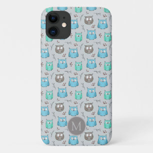 Cute Blue Gray Owl Pattern Monogram Case-Mate iPhone Case