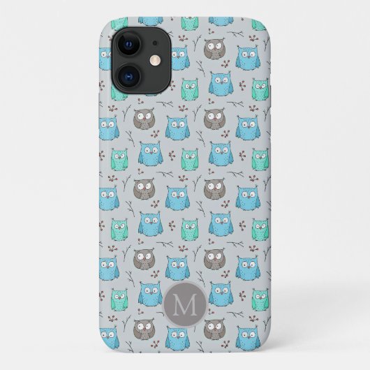 Cute Blue Gray Owl Pattern Monogram Case-Mate iPhone Case (Achterkant)